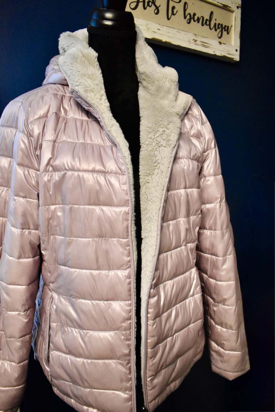 Andrew Marc Women's Metallic Pink Quilted Faux Fur Lined Hooded Puffer Jacket
